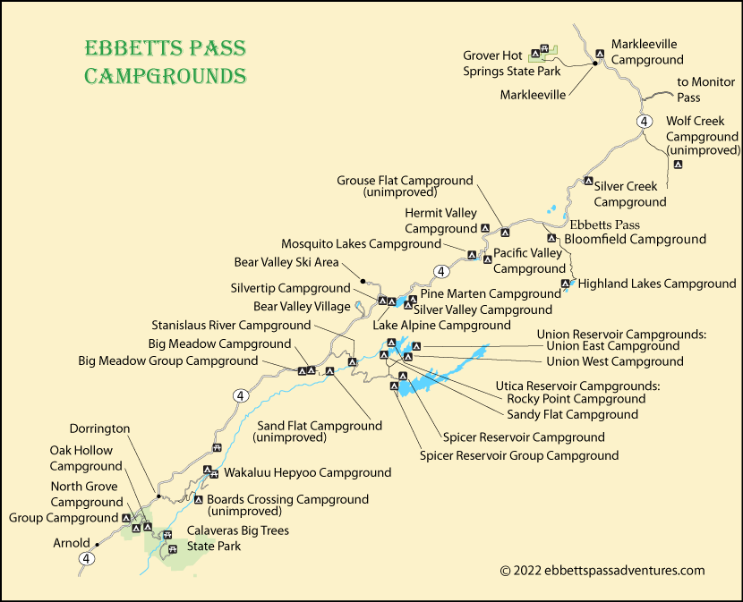 map of campgrounds along Ebbetts Pass, CA