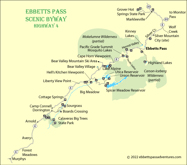 map of Ebbetts Pass highway