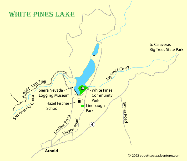 map of White Pines Lake near Arnold, CA