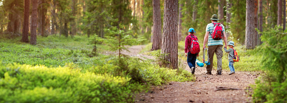 father and children day hiking in forest